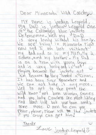 Illustration for article titled Jordan Leopold's Daughter Asks Wild To Trade For Her Dad In Letter